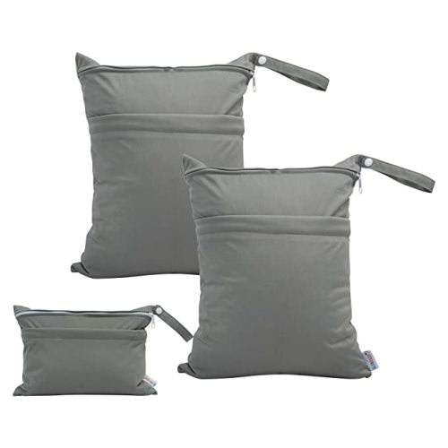 ALVABABY 3pcs Baby Cloth Diaper Wet/Dry Bags|Waterproof Reusable with Two Pockets|Travel, Beach, Pool, Daycare, Soiled Baby Items,Yoga，Gym Bag for Swimsuits or Wet Clothes 3L-B29 - Gray