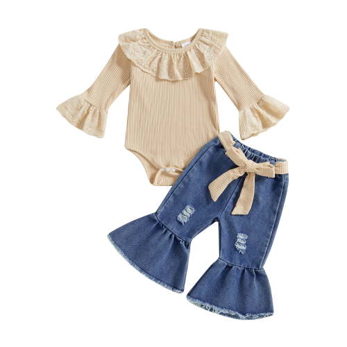 Loicainy Baby Toddler Girls 2 Piece Outfits 3 6 9 12 18 Months Ruffle Long Sleeves Romper and Ripped Denim Flare Pants Fall Clothes Set