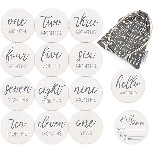 Natural Baby Milestone Discs - White Stain Wood Milestone Disc Set with Bag and Hello World Announcement Card - 13 Wooden Milestones Cards, Newborn Monthly First Year Picture Props, 1-12 Months