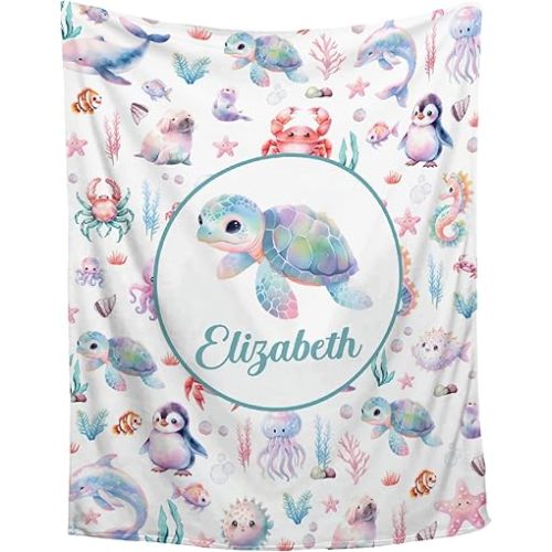 Baby Blanket Sea Turtle Gift for Boys Girls,Personalized Baby Sea Turtle Blanket with Name for Girls Boys Birthday Gift,Oceans Animals Decor for Sofa Living Bedroom,30"x40"-Toddlers/Pets Size