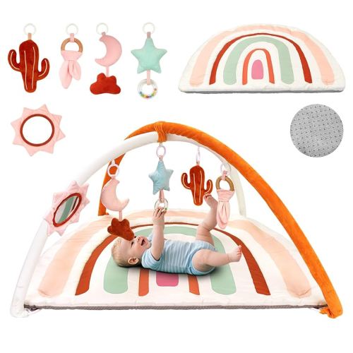 Baby Play Gym & Washable Activity Mat, Non Slip Bottom Tummy Time Mat with 5 Detachable Sensory Toys for Motor Skills, Newborn Infant Baby Essentials Shower Gift(Rainbow)