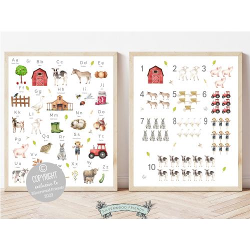 Farm Alphabet and Numbers Print, Farm Animals Nursery Wall Art, Farm Animal Poster, Educational Prints, ABC Alphabet Poster, abc Printable