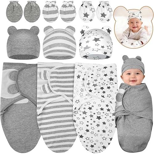 Flasoo 3 Pack Preemie Swaddle with Hat & Mittens Set, Adjustable Cotton Swaddle for Preemie Baby, Preemies Swaddles 4-7 Lbs for Baby Boy Girl, Baby Sleep Sack for Newborn Essentials (Classic Style)