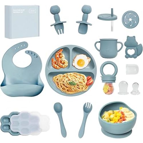 Silicone Baby Feeding Set, 15pcs Baby Led Weaning Feeding Supplies for Toddlers, Bowls and Plates with Suction, Silicone Bib,Toddler Spoons and Fork, Toddler Cups, Fruit Feeder & Freezer Tray. (Blue)