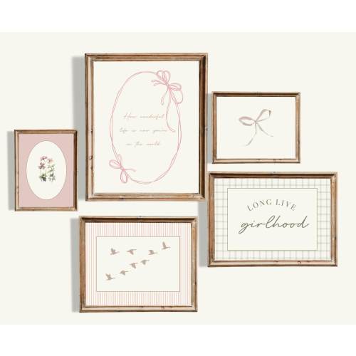 Pink Bow Girls Bedroom Artwork – Toddler Wall Art Set of 5, Grandmillennial Nursery Decor, Coquette Printable for Baby Girl Room - Set of 5