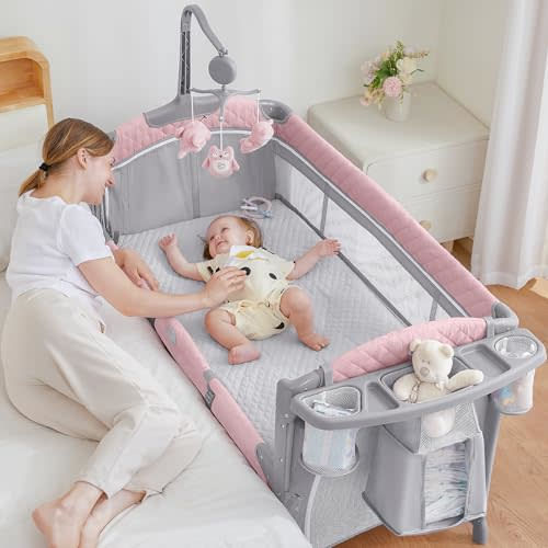 ADOVEL Baby Bassinet Bedside Crib, Pack and Play with Mattress, Diaper Changer and Playards from Newborn to Toddles, Pink