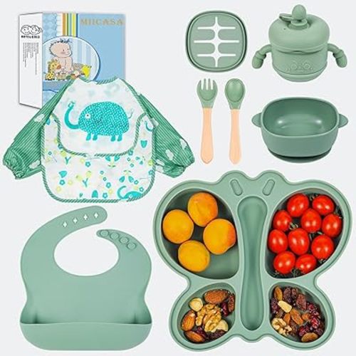 Silicone Baby Feeding Set, Silicone Toddler Divided Plate with Suction Base, Led Weaning Supplies with Plate, Bowl, Spoons, Fork, Cup, Waterproof Bib & Cloth Bib, Baby Dish for Picky Eaters