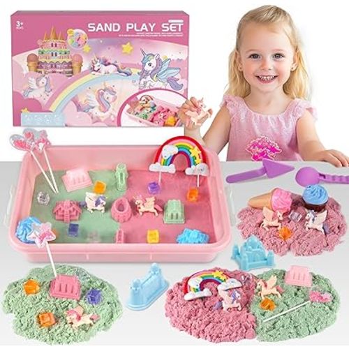 Unicorn Sensory Sand Kit for Girls Ages 3-8 – 2.2lbs Colorful Play Sand, Unicorn Toys, Castle & Ice Cream Molds, Tools & Sandbox with Lid – Great Christmas & Birthday Magic Sand Gift for Toddlers 3-5