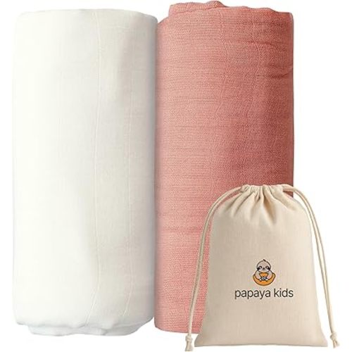 Muslin Swaddle Blankets for Baby Girls – Soft Bamboo Viscose & Cotton Muslin, Pink & White Baby Essentials Swaddle Set with Gift-Ready Cotton Bag, Soft Receiving Blanket, 2-Pack
