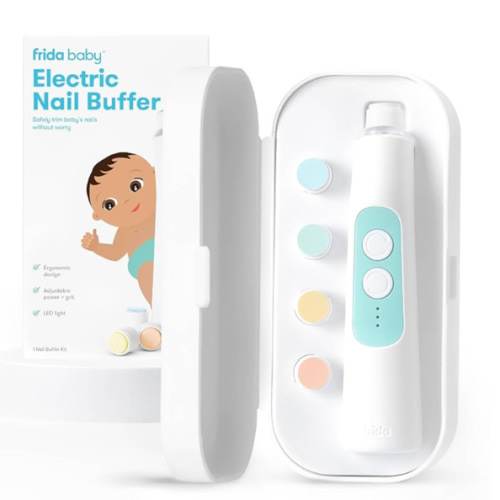 Frida Baby Electric Nail Buffer | Safe + Easy Baby Nail File, Baby Nail Clippers + Nail Trimmer Kit for Newborn, Toddler, Children's Fingernails/Toenails, 4 Buffer Pads, LED Light, Storage Case, White