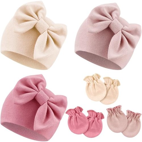 Newborn Baby Hats and Mittens Set Infant Bow Beanie Cap Toddler Gloves Newborn Hospital Hats for Baby Boy Girl Kid 0-6 Months