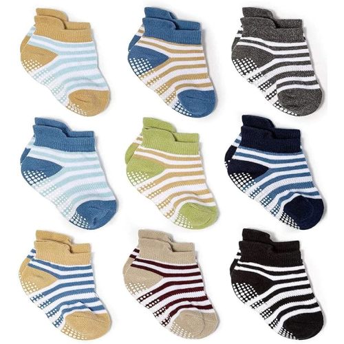 Zaples Baby Non Slip Grip Ankle Socks with Non Skid Soles for Infants Toddlers Kids Boys Girls - 6-12 Months - Boy Stripes - 9 Pairs