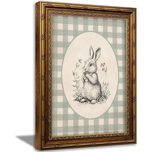Vintage Gold Framed Easter Bunny Wall Art Spring Woodland Rabbit Sketch Canvas Prints Gingham Cottagecore Animal Nursery Painting Picture Rustic Farmhouse Floral Poster Artwork for Living Room