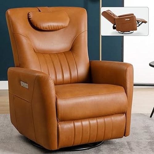 Glider Rocking Chair Nursery, Swivel Rocker, Power Recliner Chair, Nursery Glider Recliner with Adjustable Headrest, USB Ports, Living Room Chairs,Leather Brown