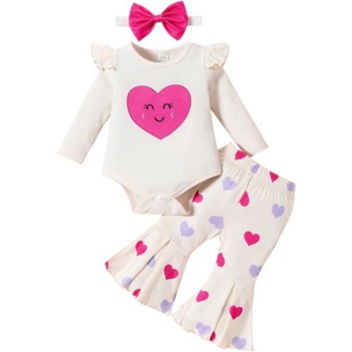 LAPAKIDS Newborn Baby Girls Clothes Long Sleeve Romper Flare Pants Headband Infant Girl Outfits Set 3-6 Months