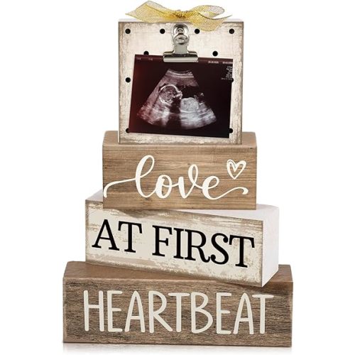 CroBlissful 4 Pcs Ultrasound Picture Frame Gender Reveal Gifts for Parents Wooden Sonogram Pregnancy Keepsake Love at First Heartbeat Baby Shower Gifts for First Mothers Day Nursery Decor