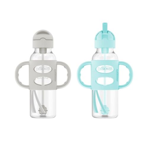 Dr. Brown's 8oz Milestones Narrow Sippy Straw Bottle With Silicone Handles - 2pk - 6m+ - Blue & Gray