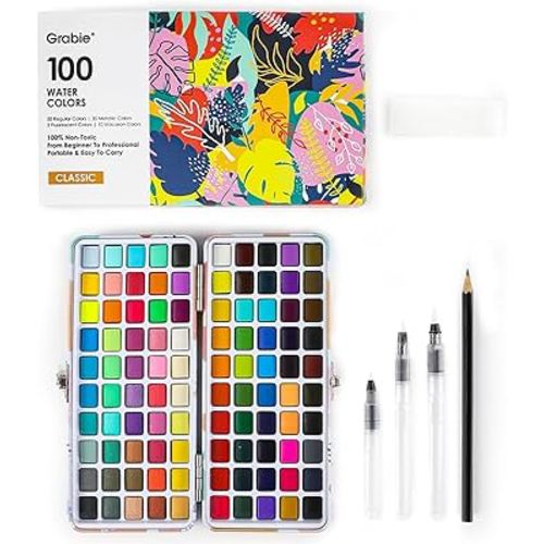 Watercolor Paint Set, 100 Colors Painting with Water Brush Pens and Drawing Pencil, Great for Kids and Adults, Art Supplies, Perfect Starter Kit for Painting