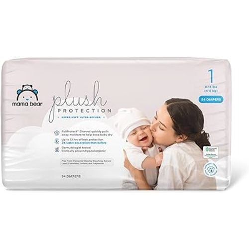 Amazon Brand - Mama Bear Plush Protection Diapers - Size 1, 54 Count, Hypoallergenic Premium Disposable Baby Diapers