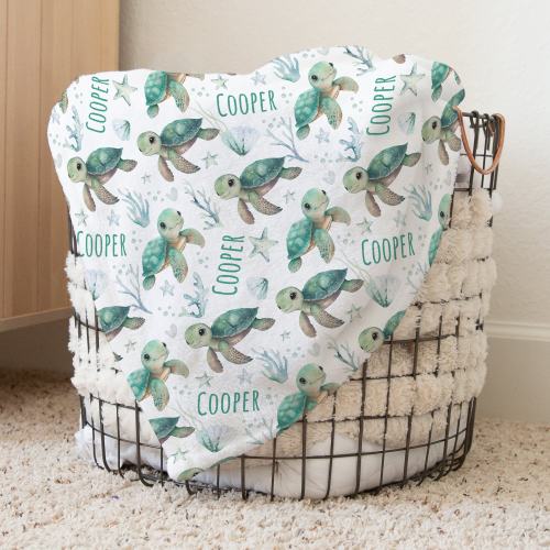 Custom Turtle Baby Name Blanket Personalized Ocean Animal Swaddle Hospital Blanket New Mom Gift Newborn Gift Under The Sea Baby Shower Gift