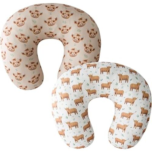 Little Jump 2 Pack Nursing Pillow Covers, Stretchy Removable Case for Breastfeeding Pillows, Ultra Soft Comfortable Slipcover for Unisex Baby Girls Boys Newborn (Neutral Highland Cows)