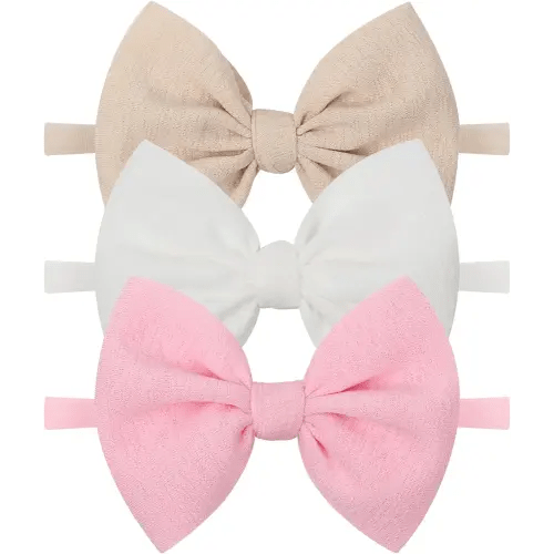 YanJie Baby Girls 4.5" Nylon Headbands, Handmade Hair Bows Hairbands Hair Accessories for Newborn Infant Toddlers Kids, 3 Pieces, Light Pink/White/Beige