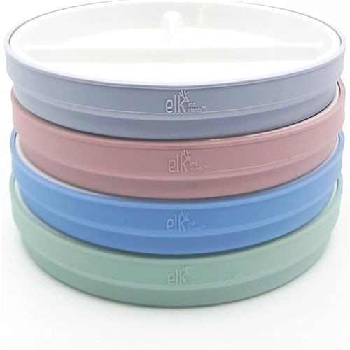 Elk and Friends Kids 6.7” Porcelain White Plates with Silicone Sleeves | Divided Plates | Suitable for Kids/Toddlers | Microwave & Dishwasher Safe | Non Slip | Snack Dishes…