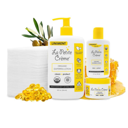 La Petite Creme Premium French Diapering Gift Set: Includes Organic Diapering Lotion (8 oz), Travel-size Liniment Baby Lotion (2 oz), 1 Travel-size Diaper Balm (1 oz), 50 Disposable Cotton Pads