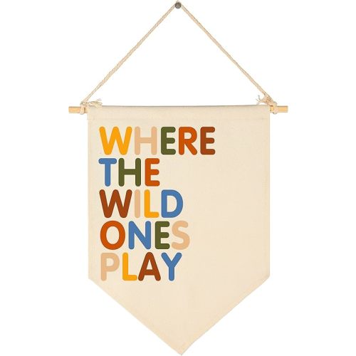 Where The Wild Ones Play - Canvas Hanging Pennant Flag Banner Wall Sign Decor Gift for Nursery Baby Kids Girl Boy Teen Bedroom Playroom Front Door- Baby Gift Shower Flay-Birthday Christmas Gift