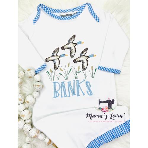 Baby Boy- Mallard Duck Gown- Light Blue- Gingham- Coming Home- Gift