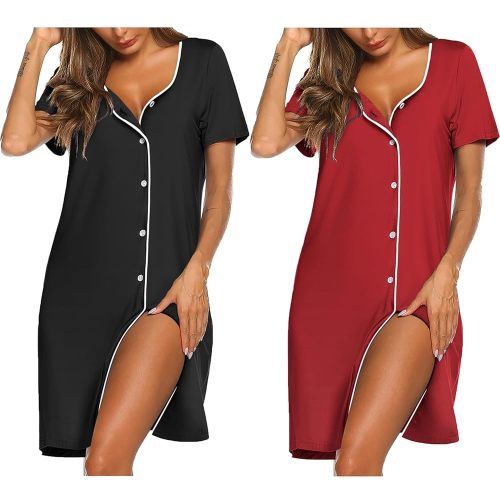 Ekouaer Nightgowns for Women 2 Pack Button Down Sleepshirt Short Sleeve Nightshirt Soft Sleepwear V Neck Pajama Dress