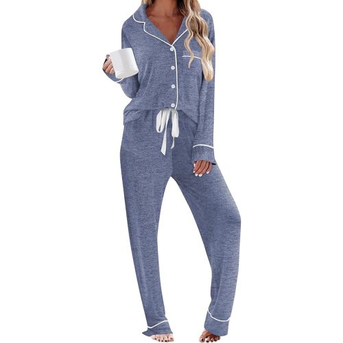 HNG Pajamas for Women Set 2 Piece Pj Set Long Sleeve Button Up Lounge Sets Sleepwear with Pockets XS-XXL