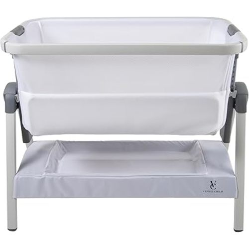 Venice Child California Dreaming Bedside Crib Bassinet w/Travel Case, Bamboo Bassinet Sheet, Removable Bamboo Compressed Cotton Mattress, Height Adjustable, Easy Clean (White)