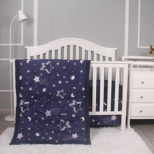 3 Piece Crib Bedding Set for Baby Boys Girls, Classic Nursery Bedding Essential Including Comforter, Crib Sheet and Crib Skirt, Ultra Soft Cozy, Star Navy
