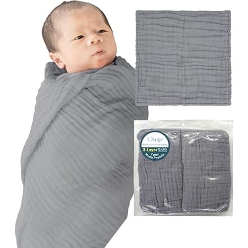 L'Ange Baby Muslin Swaddle Blanket - 3 Layer Breathable Cotton Receiving Blankets - Medical Grade Packaging for Newborn and Infant - 2 Pack - 35x35 - Gray