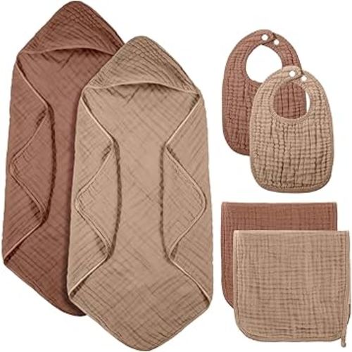 Hahafelt 6 Pcs Muslin Hooded Bath Towels Washcloths and Bibs Set, Muslin Cotton Baby Towels Absorbent Hooded Blanket Towel Infant Bibs for Boys Girls Newborn Infant Essential(Dark Brown, Khaki)