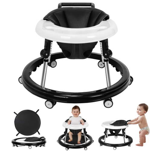 HARPPA Foldable Baby Walker for Babies 6-24 Months, Anti-Rollover, Seat and Height Adjustable, Black