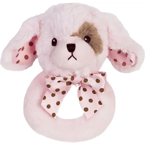 Bearington Baby Wiggles, 5.5 Inch Pink Plush Stuffed Dog Animal Ring Rattle, Soft Baby Girl Rattles