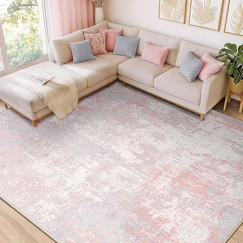Washable Area Rugs 9'x12' Non-Slip Modern Abstract Soft for Living Room Entryway Bedroom, Print Pattern, Grey Pink