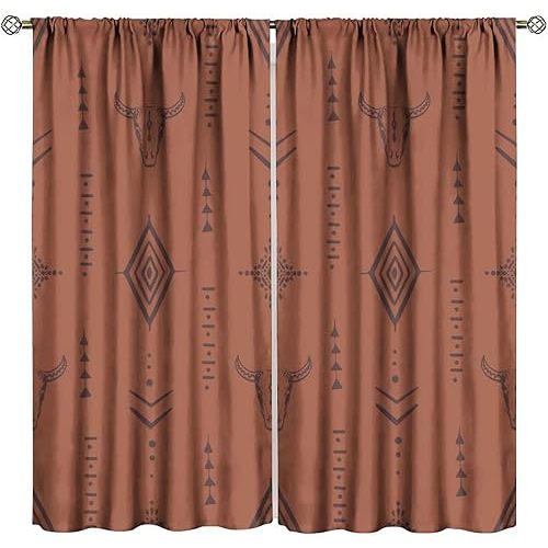 Western Bull Skull Decorative Curtains, Bull Skull Boho Aztec Vintage Country Farmhouse Print Window Drape, for Living Room Bedroom 21(W)*45(L) 2 Panels (Decorative)