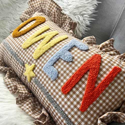 Custom Name Pillow for Boys, Brown Gingham Ruffle Pillow, Baby Name Gift, Nursery Decor, Personalized Toddler Room Accent, Baby Gift