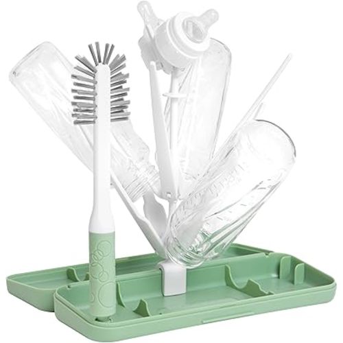 Ubbi On-The-Go Drying Rack and Brush Set, Includes Travel Case and Bottle Brush for Compact Storage, Holds Up to 8 Bottles, Baby Travel Accessories, Sage