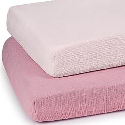 lulumoon Baby Muslin Crib Sheets - Toddler Cotton Fitted Crib Sheets Neutral for Boys and Girls 2Pack - Pink Set