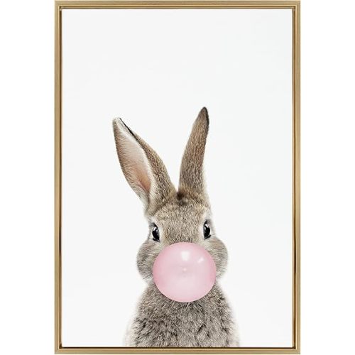 Kate and Laurel Sylvie Bubble Gum Bunny Framed Canvas Wall Art by Amy Peterson Art Studio, 23x33 Gold, Decorative Animal Art for Wall