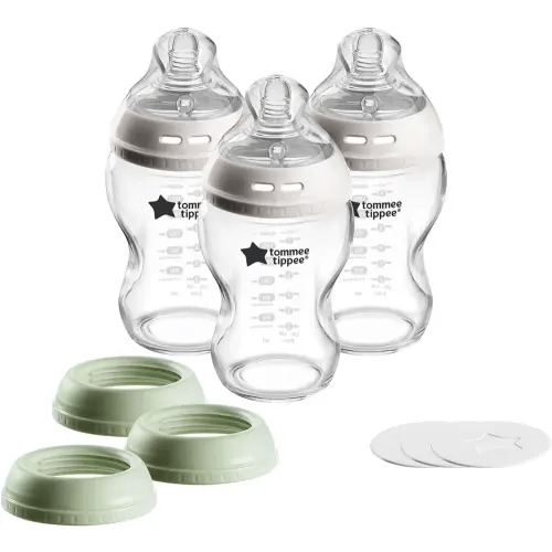 Tommee Tippee Natural Start 3 Uses Glass Baby Bottle, Cup or Jar Set, 9oz, Slow Flow Breast-Like Nipple for a Natural Latch, Leakproof Travel Food Jar Lids