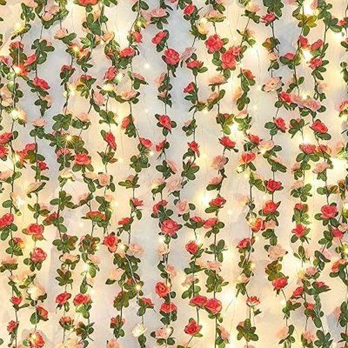 BLEUM CADE 2Pcs 16.4Ft Flower Garland Artificial Rose Vines with 16.4Ft String Lights, Cute Fake Hanging Flower Vines Floral Garland Decorations for Wedding Party Wall Room Decor Aesthetic