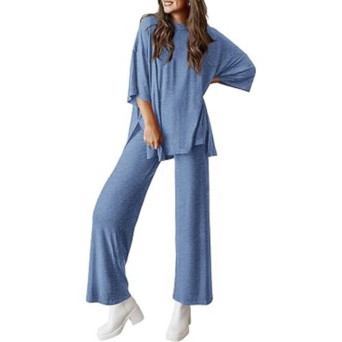 PRETTYGARDEN Women's 2 Piece Outfits Casual Short Sleeve Pullover Tops and Wide Leg Pants Lounge Sets Tracksuits