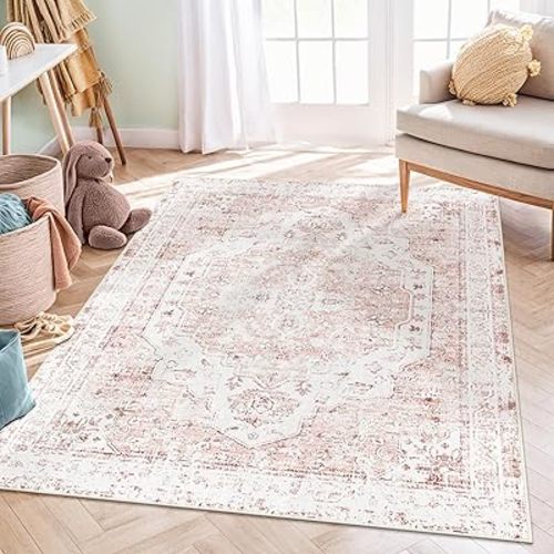 Morebes Vintage 5x7 Area Rug for Living Room, Washable Pink Nursery Rugs for Bedroom Girls Non-Slip, Boho Faux Wool Soft Non-Shedding Carpet for Kids Room, Playroom, Dorm