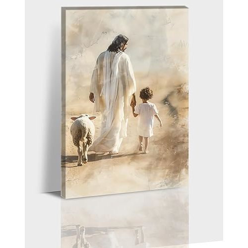 Jesus and Lamb Canvas Wall Art, Jesus Sheep Painting Art, Jesus Christ Poster Picture for Room Decor, Jesus Led the Little Boy Away Canvas Print, Jesus Art Framed for Christian Wall Decor 12x18 Inches