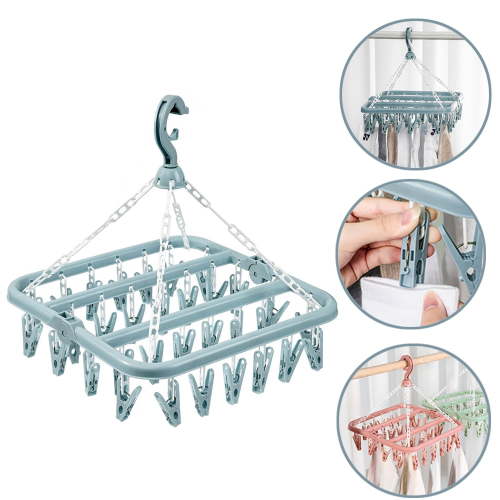 CHUANK Clothes Drying Hanger with 32 Clip and Drip Foldable Hanging Rack for Socks, Bras, Lingerie, Clothes